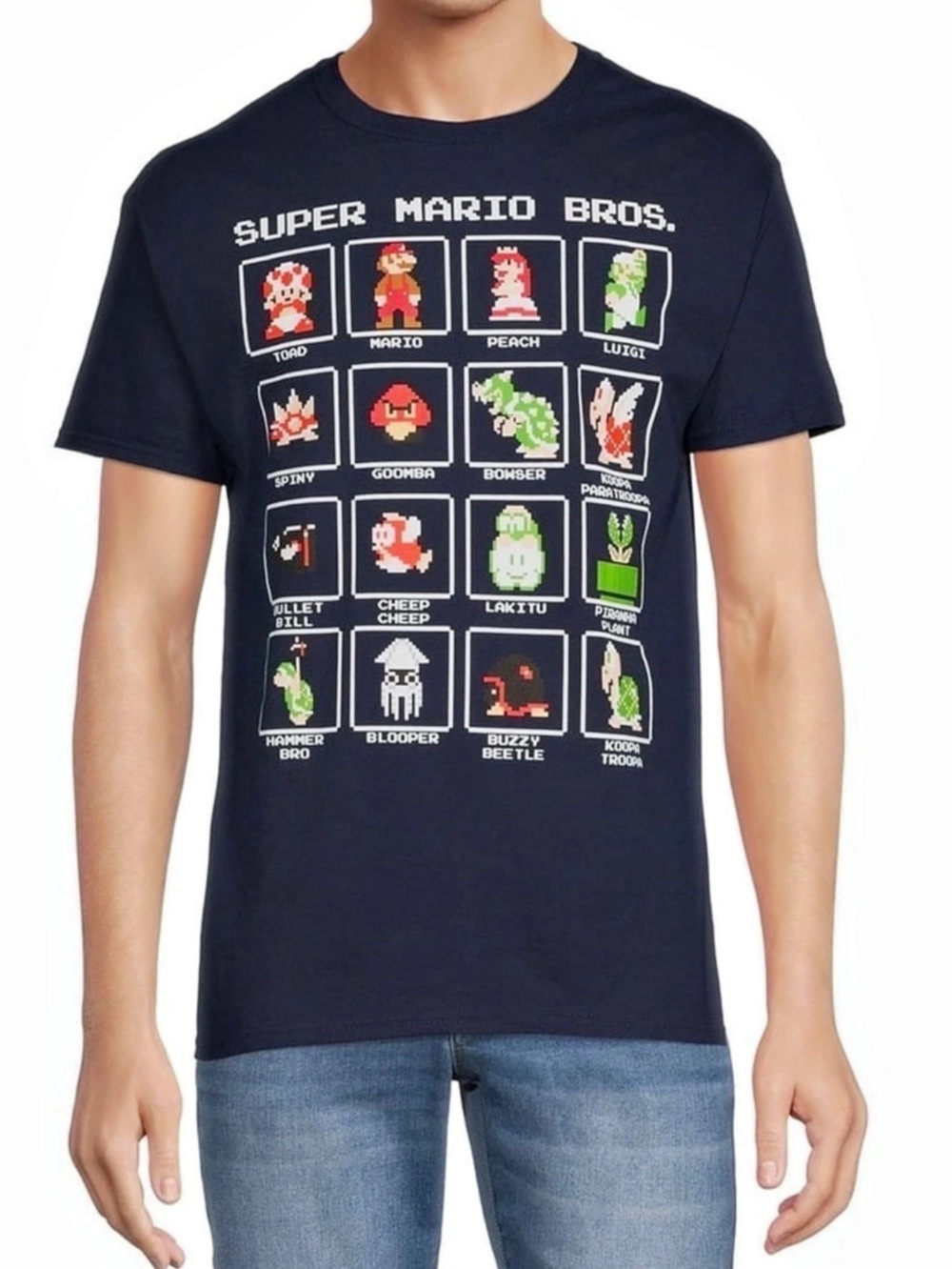 EUC Men’s Navy blue Super Mario Bros. 16 Character Pixel Grid T-Shirt Size 3X